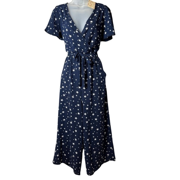 Fig & Olive Celestial Star Wrap Jumpsuit Pockets Tie Waist Wide Leg Navy L NWT - Picture 5 of 11
